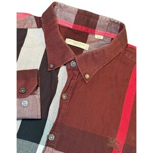 Burberry Brit Mens XXL Nova Check Button Down Shirt Burgundy Plaid Long Sleeve